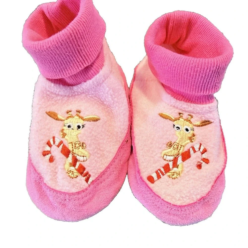 Merry Madagascar Y2K Baby 7- 8 Embroidered Giraffe Pink Fleece Slippers Booties